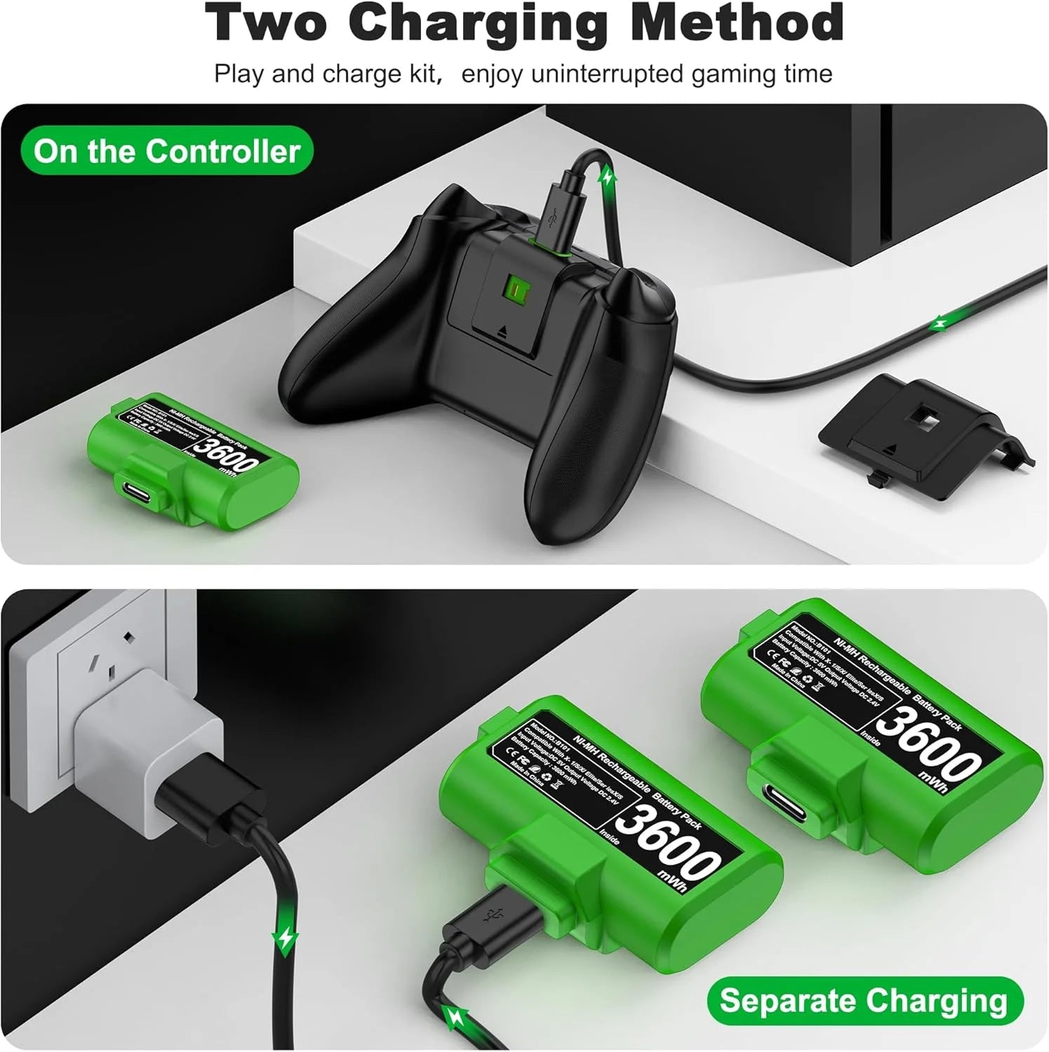 2X3600Mwh Xbox One Controller Battery Play and Charger Kit for Xbox Series X/S